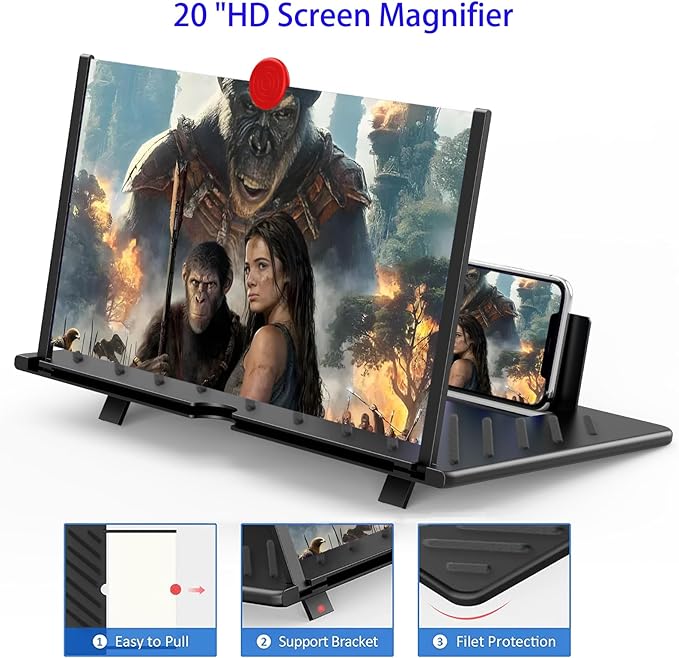 20" Screen Magnifier for Cell Phone, Mobile Phone 3D HD Magnifying Projector Screen Enlarger for Movies, Videos and Gaming, Foldable Phone Stand with Screen Amplifier,Compatible with All Phones