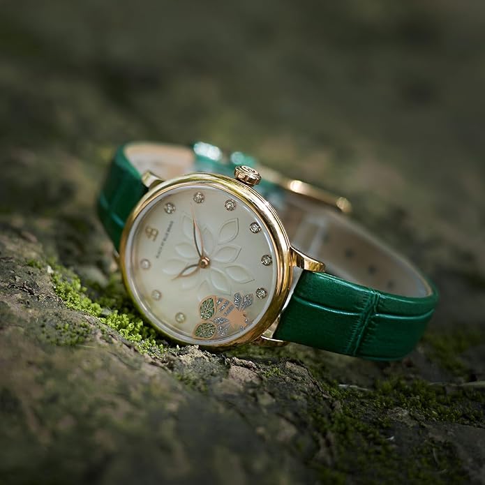 Womens Watch Bee Watches for Women Moving Bees Between Double Sapphire Glass with Genuine Leather Strap Luminous Hands and Trendy Watch with 12 Genuine Diamonds Rose Gold Mesh Band 28mm