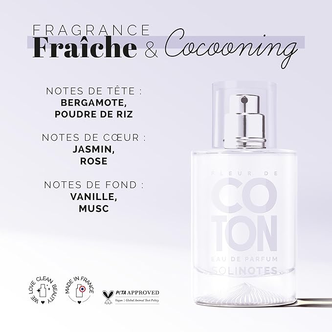 Solinotes Cotton Flower Perfume for Women & Men, 1.7 Fl Oz/ 50 ML Eau De Parfum, Delicate Floral and Soothing Scent with Premium Ingredients - Clean Perfume, Cruelty Free, Vegan, Made in France