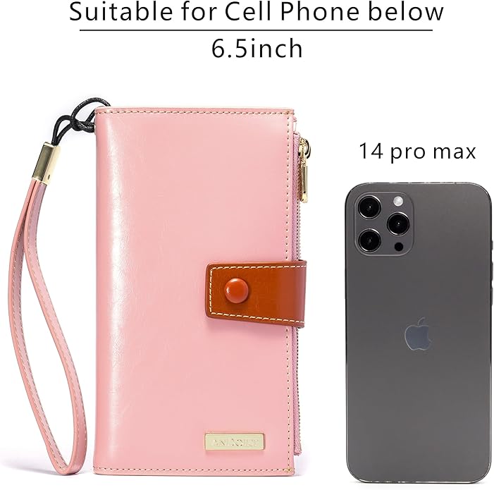 ANDOILT Wallet Women RFID Blocking Genuine Leather Bifold Multi Card Organizer Wristlet Purse Cell Phone Handbag