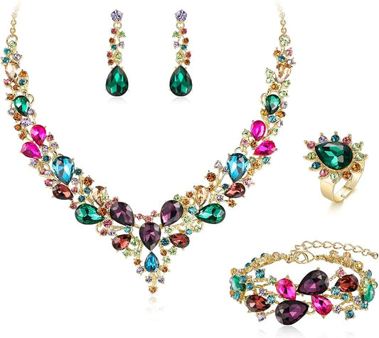BriLove Wedding Bridal Jewelery for Women Austrian Crystal Teardrop Cluster Statement Necklace Dangle Earrings Link Bracelet Set