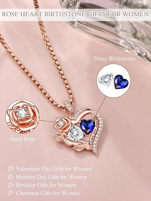 Rose Heart Necklaces for Women, Rose Gold Forever Love Jewelry with 2 Birthstones Pendant, Christmas Anniversarry Birthday Gifts for Her Wife Mom Grandma, 18+2 Inch Chain