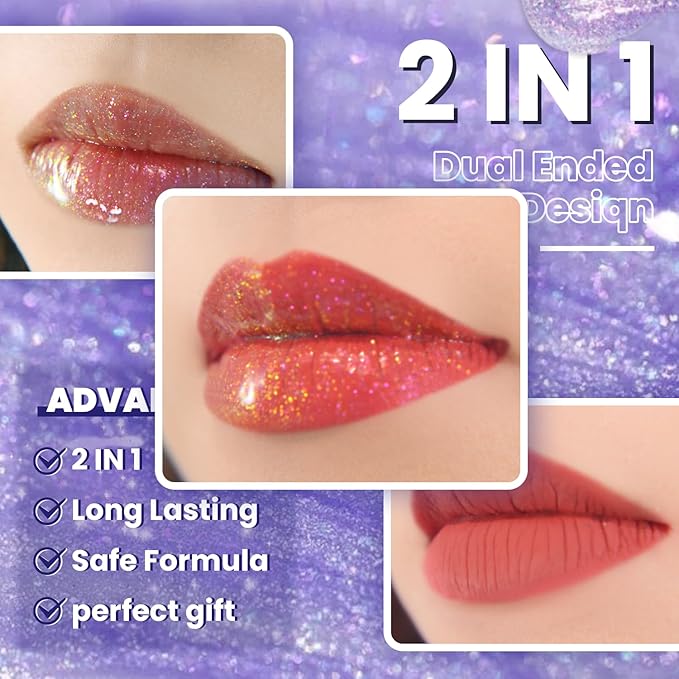 CHARMACY Multichrome Double Head Non-Stick Lip Gloss, Metallic Colourful Lip Glaze, Anti-transfer, Long Lasting Waterproof Liquid Lipstick Makeup (#02)