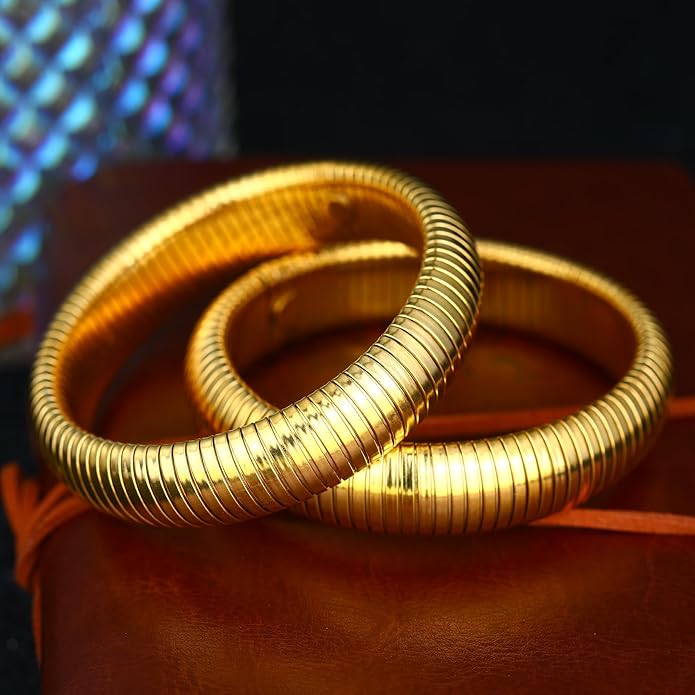 MISS RIGHT Gold Chunky Stretch Snake Chain Bangle Bracelets Stack for Women Trendy, 18K Gold Filled Stainless Steel Stretchy Womens Stackable Wristband Bangles Bracelet Set