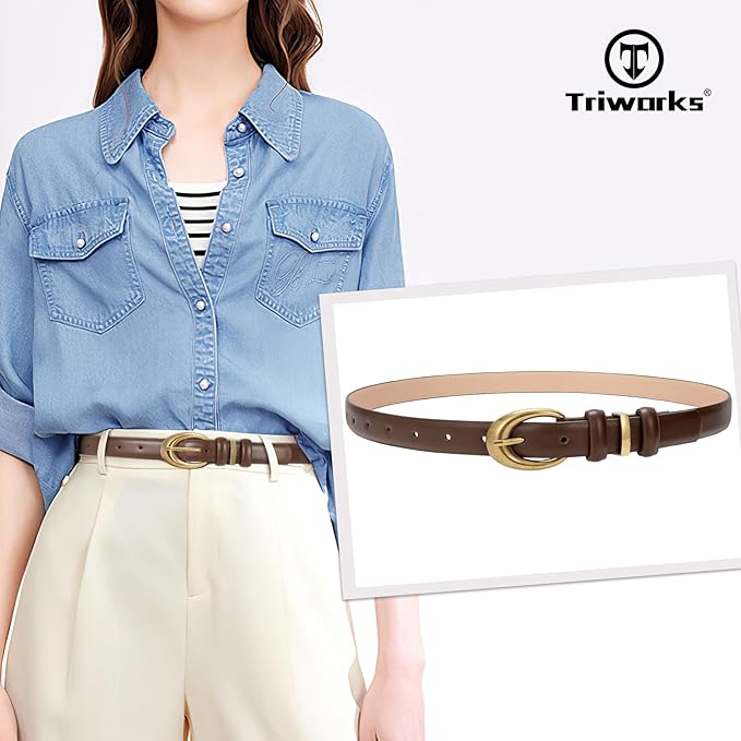 TRIWORKS Women Leather Belt for Jeans Pants Fashion Ladies Skinny Faux Leather Dress belt with Gold Buckle