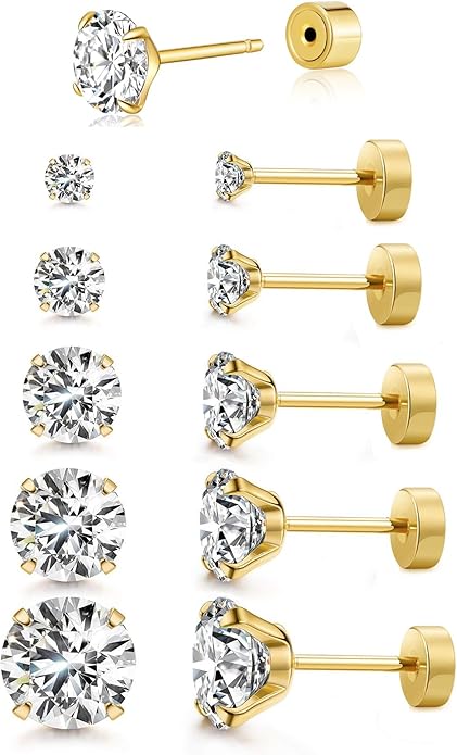 Kainier Women's 14K Gold Plated CZ Stud Earrings Simulated Diamond Round Cubic Zirconia Ear Stud Set（5 Pairs)…