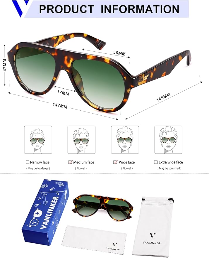 VANLINKER Retro Aviator Polarized Sunglasses for Men Women Trendy 70s Vintage Plastic Frame Sun Glasses VL9750