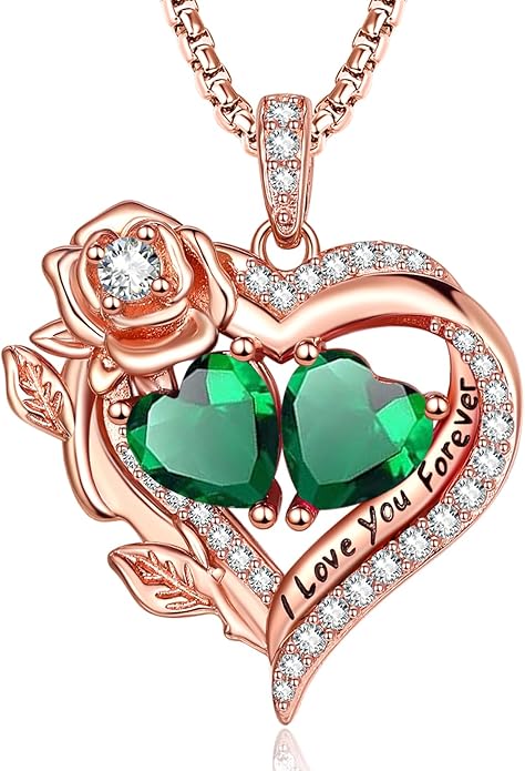 Rose Heart Necklaces for Women, Rose Gold Forever Love Jewelry with 2 Birthstones Pendant, Christmas Anniversarry Birthday Gifts for Her Wife Mom Grandma, 18+2 Inch Chain