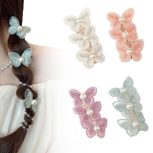 4PC Pearl Butterfly Telephone Wire Hair Ties – Spiral Elastic Bubble Ponytail Hair Bands for Women & Girls, No Damage, Soft & Stretchy Hair Accessories for High Ponytails and Braids (set-G)