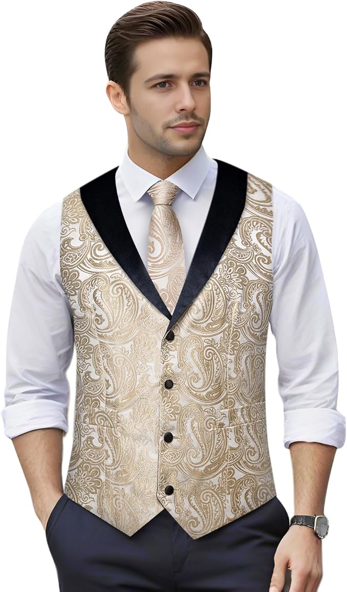 DiBanGu Mens Paisley Suit Vest Silk Jacquard Waistcoat and Necktie Set Formal Shawl Collar Dress Vest 7PCS for Wedding Party