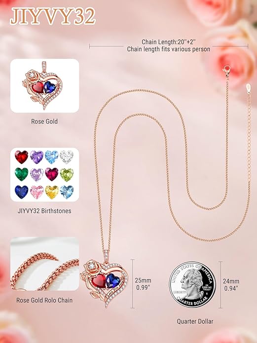 Rose Heart Necklaces for Women, Rose Gold Forever Love Jewelry with 2 Birthstones Pendant, Christmas Anniversarry Birthday Gifts for Her Wife Mom Grandma, 18+2 Inch Chain