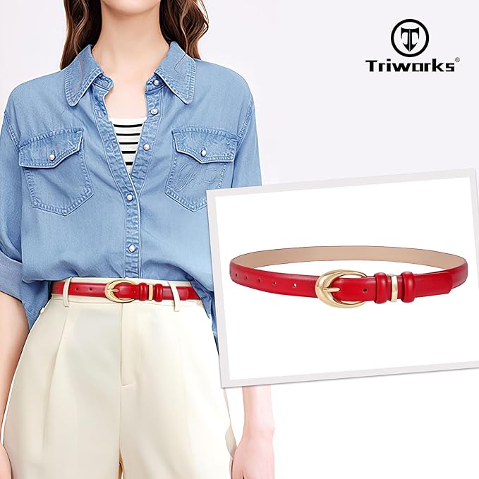 TRIWORKS Women Leather Belt for Jeans Pants Fashion Ladies Skinny Faux Leather Dress belt with Gold Buckle