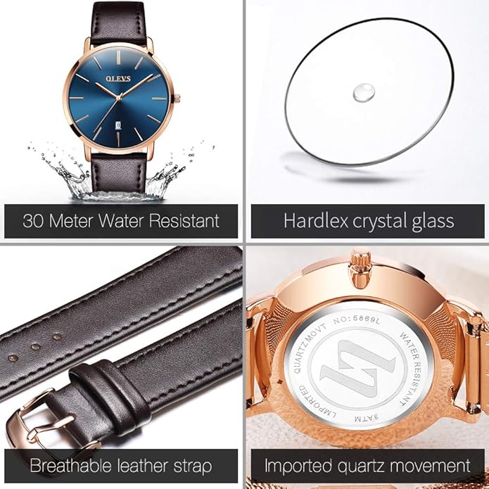 OLEVS Mens Watches Minimalist Ultra Thin Fashion Casual Analog Quartz Date Watch Waterproof Slim Simple Big Face Dress Wrist Watch Leather Band for Men
