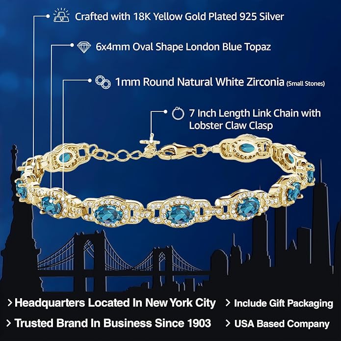 Gem Stone King 18K Yellow Gold Plated Silver Oval Gemstone Birthstone Tennis Bracelet For Women | Oval 6X4MM | 7 Inch With 1 Inch Extender | Fine Jewelry Gifts for Her Mom Women Wife