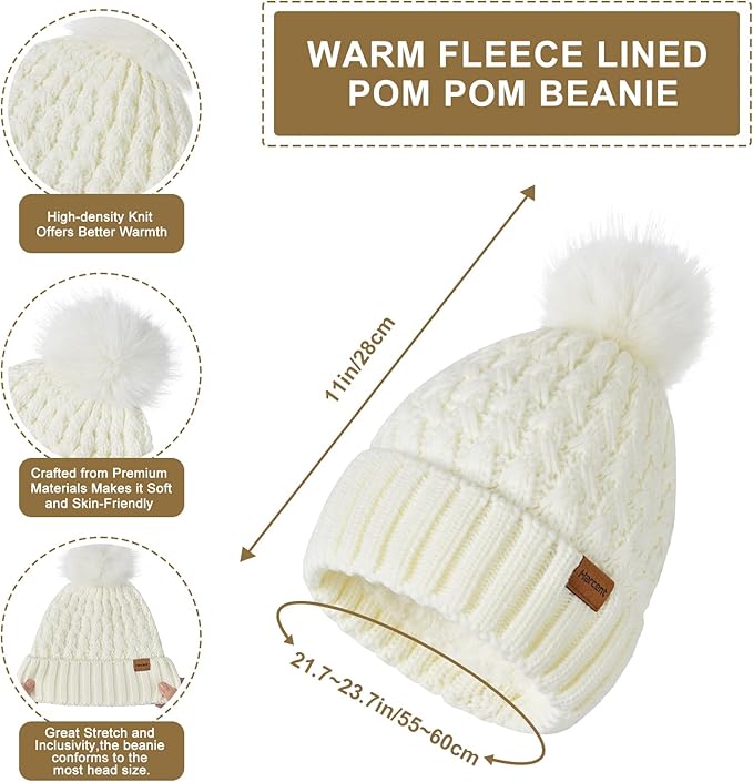 Womens Winter Warm Beanie Hat Long Neck Scarf and Touchscreen Gloves Set with Fleece Lined Pom Skull Caps for Women