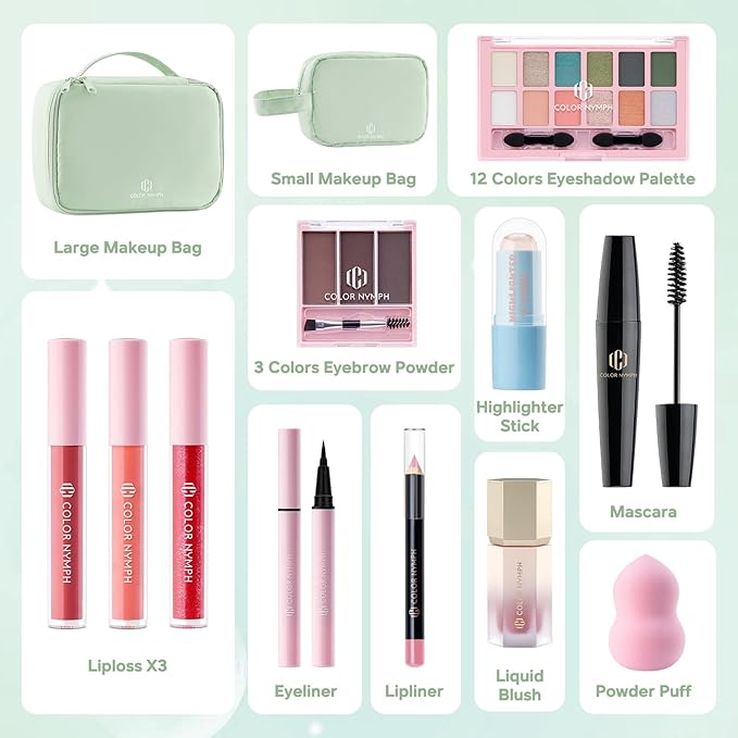 Color Nymph Makeup Sets for Women Teen Girls with 2-in-1 Travel Handbag, All In One Makeup Kits Full Kit Includes Eyeshadow Lipgloss Eyebrow Powder Highlighter Blush Mascara Eyeliner Lipliner & Puff