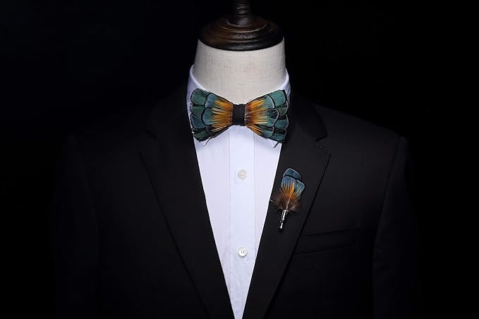 RBOCOTT Handmade Feather Pre-tied Bow tie and Brooch Sets for Men