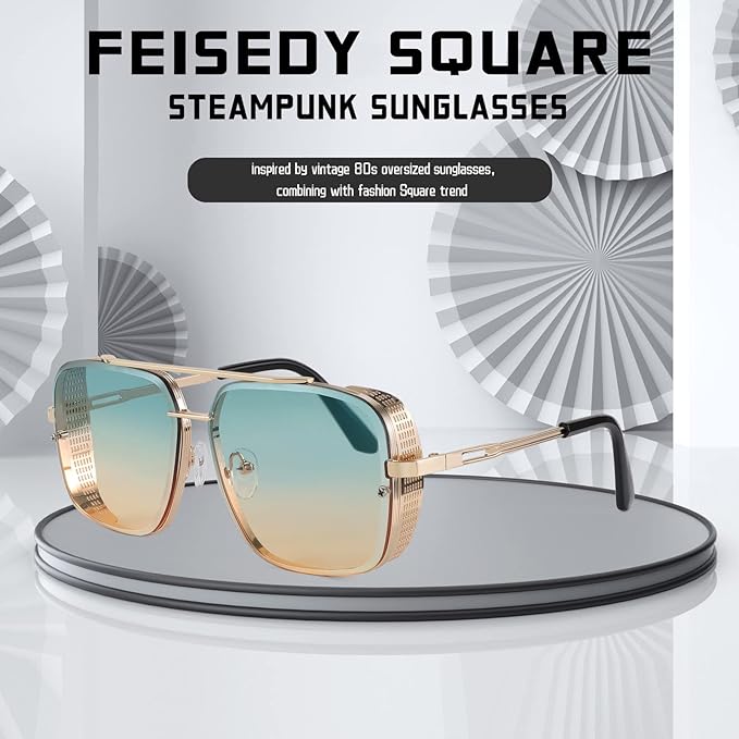 FEISEDY Sunglasses Mens Women Vintage Pilot Square Trendy Metal Steampunk Fishing Driving Sun Glasses B2894