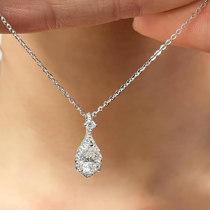 Moissanite 925 Sterling Silver Pendant Necklace 0.5-1 Carat Round Pear Cut, Dainty Elegent D Color Dancing Style with Bead Adjustable Chain Necklace for Women