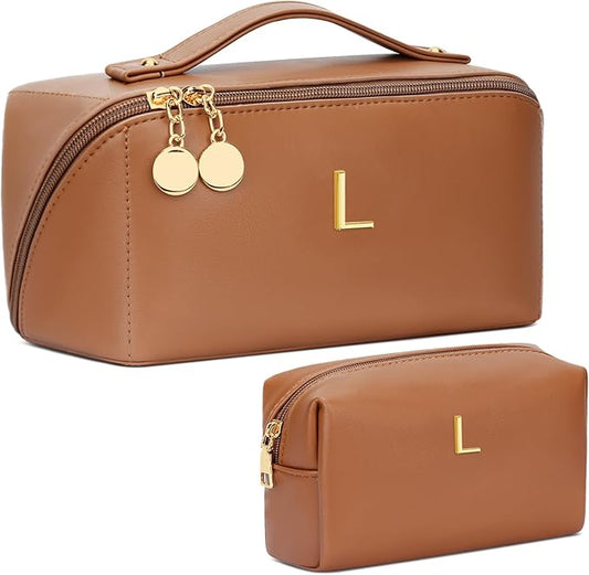 Birthday Gifts for Women Teen Girl, Personalized Initial Makeup Organizer Bag Set, Open Flat Travel Cosmetic Bag With Clear Divider and Handle(Brown,L)