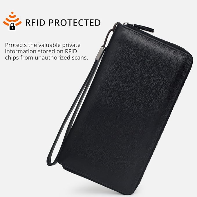 Women's Genuine Leather RFID Blocking Zip Around Wallet with Phone Pocket Large Capacity Travel Wristlet (Black)