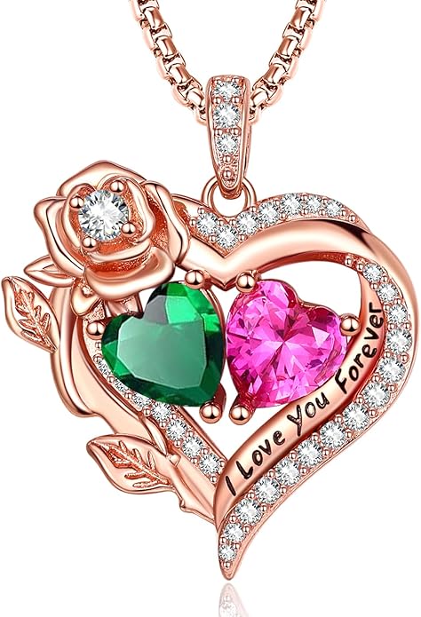 Rose Heart Necklaces for Women, Rose Gold Forever Love Jewelry with 2 Birthstones Pendant, Christmas Anniversarry Birthday Gifts for Her Wife Mom Grandma, 18+2 Inch Chain