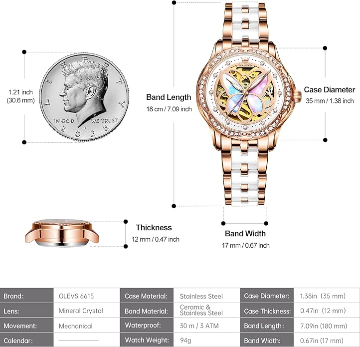 OLEVS Womens Automatic Watch, Premium Large Face Diamond Accented Self Winding Watches for Women, Fashion Waterproof Ladies Dress Watch, Two Tone Stainless Steel Ceramic Bracelet