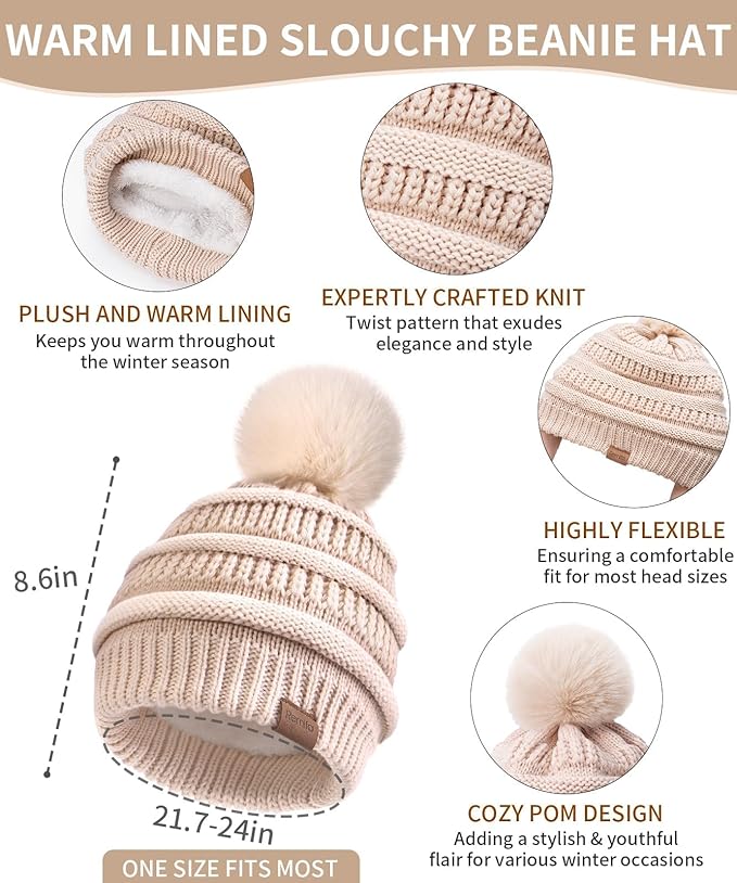 Remifa Winter Beanie Hat Scarf Gloves Set for Women, Slouchy Pom Pom Hat Long Knit Scarf Touchscreen Gloves Christmas Gifts