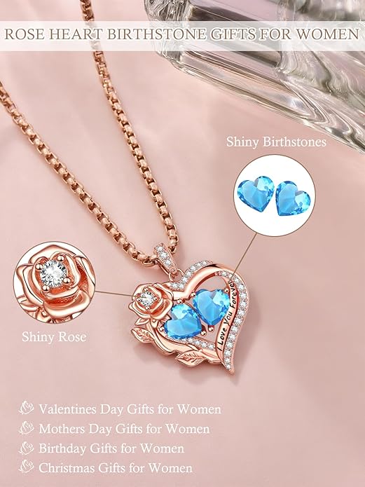 Rose Heart Necklaces for Women, Rose Gold Forever Love Jewelry with 2 Birthstones Pendant, Christmas Anniversarry Birthday Gifts for Her Wife Mom Grandma, 18+2 Inch Chain