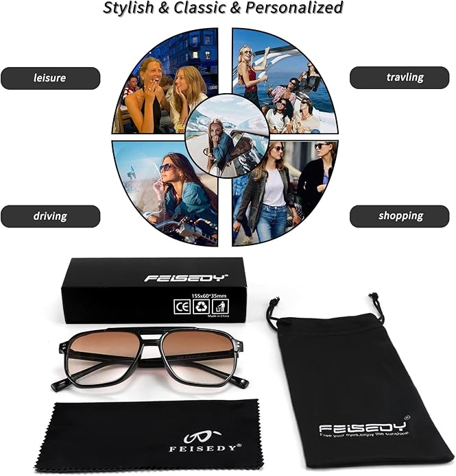 FEISEDY Retro Square Aviator Sunglasses Women Men 70s Vintage Trendy Plastic Frame Sun Glasses B2835