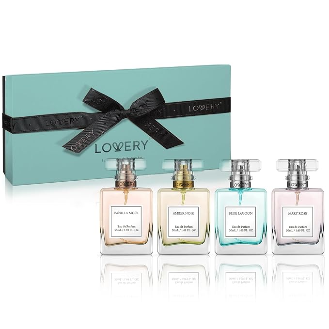 Christmas Gifts for Women, Perfume for Women, Women's Perfume Gift Set - 4pc Sampler With Vanilla Musk, Amber Noir, Blue Lagoon & Mary Rose Fragrances - Large Bottle of Floral Parfum Made in France