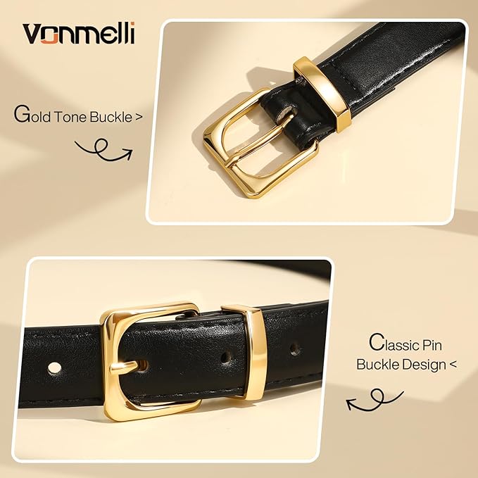 VONMELLI Womens Thin Leather Belt for Jeans Pants Dress Fashion Skinny Belt with Gold Buckle for Women