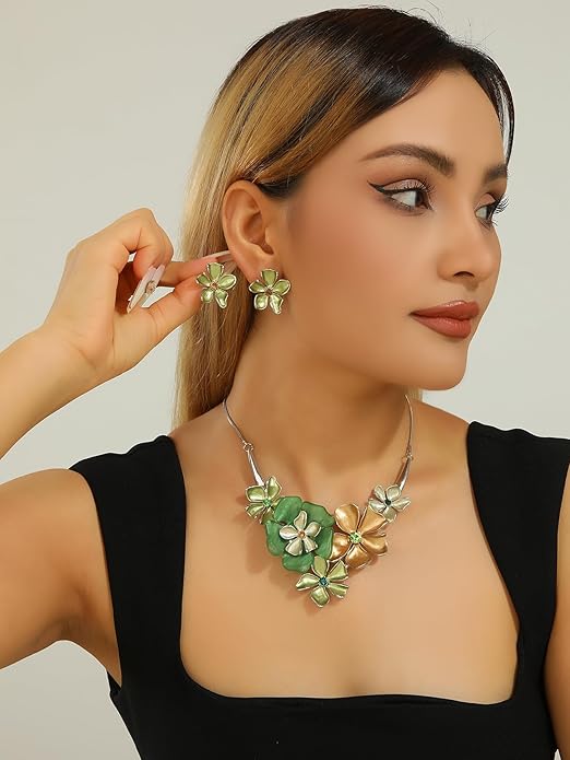 Chunky Statement Jewelry Set Vintage Retro Leaf Flower Floral Geometric Bohemian Boho Bib Necklace Earring Set Fashion Costume Jewelry for Women Girls Wedding Party Prom Unique Gift