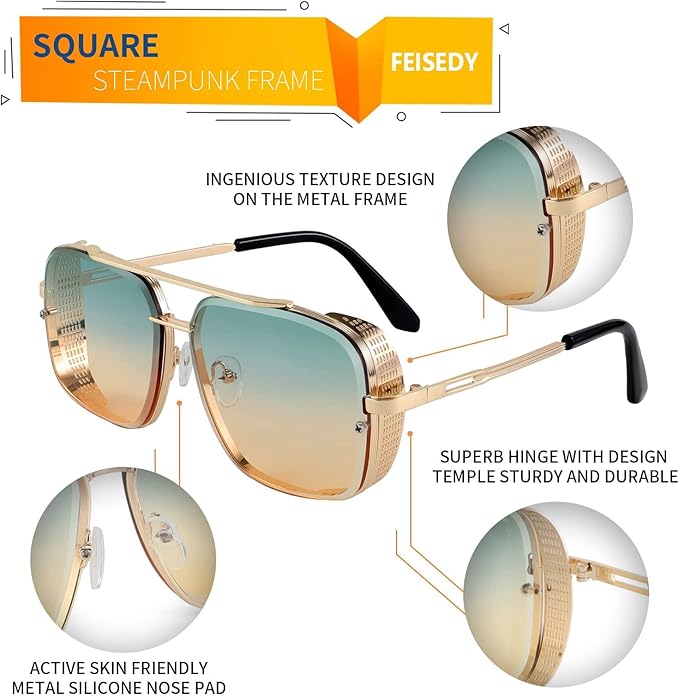 FEISEDY Sunglasses Mens Women Vintage Pilot Square Trendy Metal Steampunk Fishing Driving Sun Glasses B2894