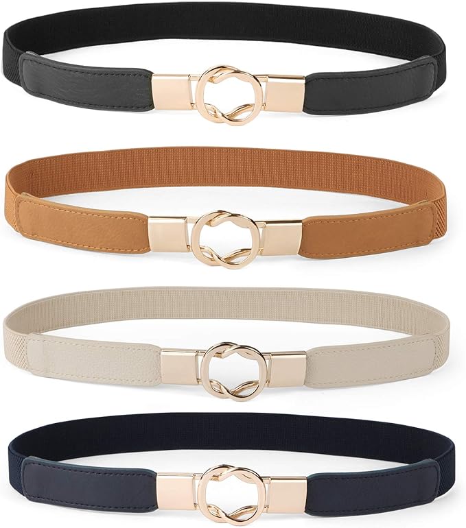 WERFORU Women Skinny Belt for Dresses Retro Stretch Waist Belt with Gold Buckle Set of 4