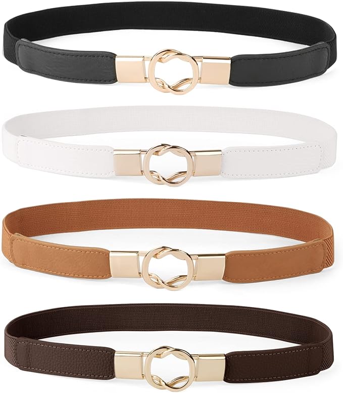 WERFORU Women Skinny Belt for Dresses Retro Stretch Waist Belt with Gold Buckle Set of 4