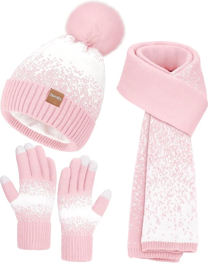 Remifa Womens Winter Beanie Hat Scarf Gloves Set, Pom Pom Warm Hat Long Knit Scarf Touchscreen Gloves 3 In 1 Christmas Gift