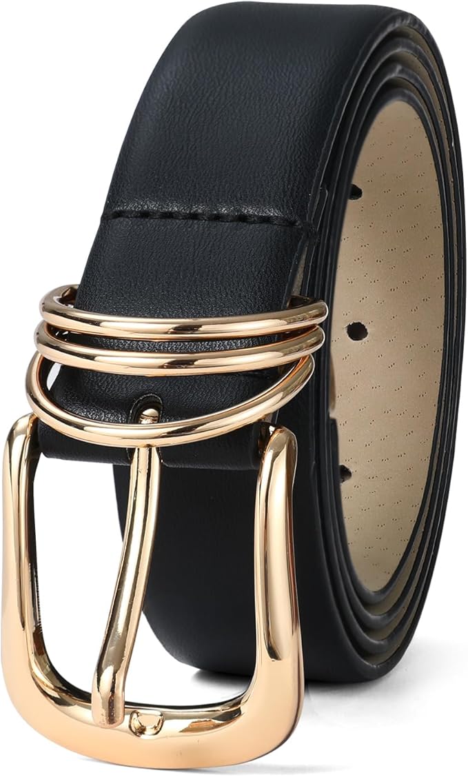 Women's Leather Belts with Gold Buckle Fashion Leather Waist Belt Elegant Ladies Belts for Jeans Dress & Casual Wear