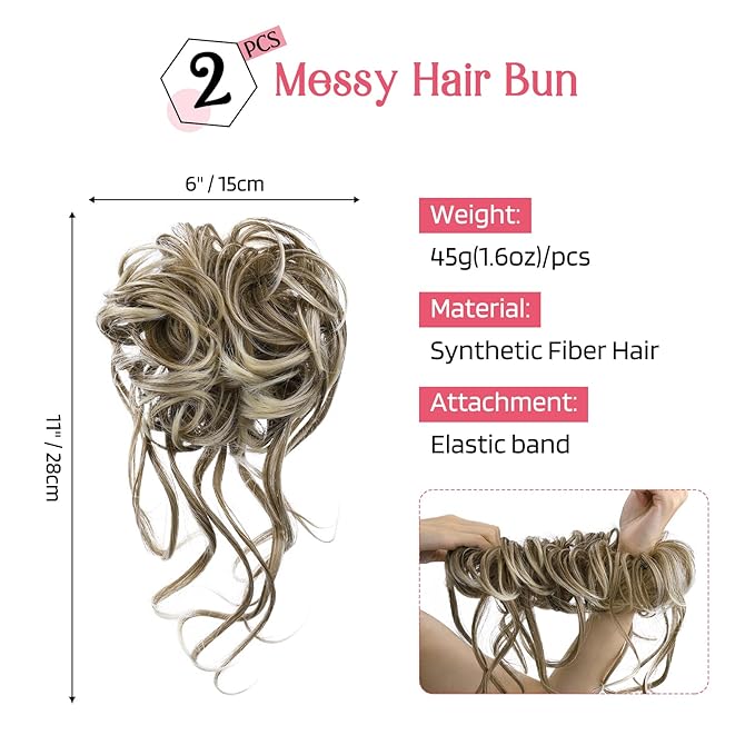 HOOJIH 2 Pack Curly Wavy Messy Bun Hair Extensions, Light Ash Brown with Blonde Mixed, Heat Resistant Fiber, Easy Clip-In Installation