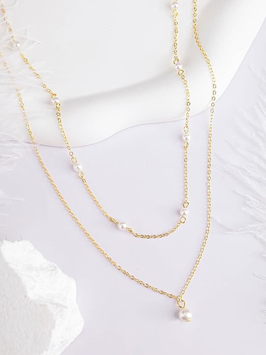 MINACHI Gold Plated Dainty Double Layered Imitation Pearl Chain Necklace for Women, Trendy Simple Minimalist Fashion Jewelry Gift for Women
