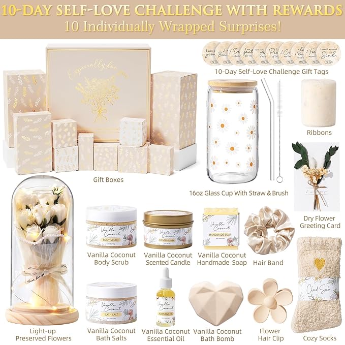 Valentines Gifts for Women & Teenage Girls, 10 Day Self Love Challenge to Unlock 10 Wrapped Spa Gift Baskets, Tween Teen Girl Trendy Stuff Bath Shower Sets Self Care Birthday Gifts Stocking Stuffers