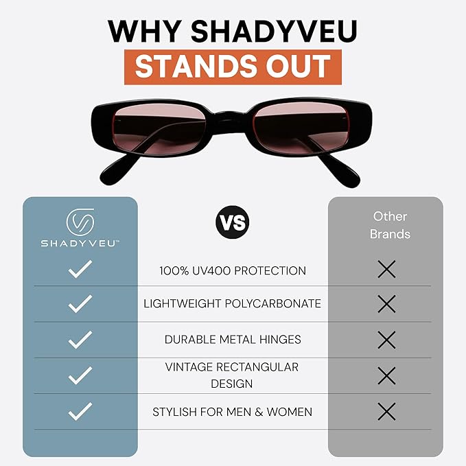 ShadyVEU Slim Classic Rectangular Sunglasses UV Protection 90’s Vintage Small Wide Retro Frame Fashion Shades