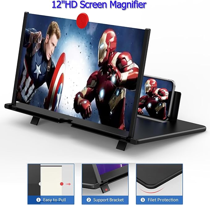 12" Screen Magnifier for Cell Phone, Mobile Phone 3D HD Magnifying Projector Screen Enlarger for Movies, Videos and Gaming, Foldable Phone Stand with Screen Amplifier,Compatible with All Phones