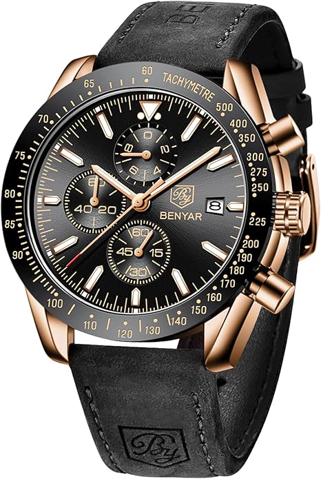 BY BENYAR Watch for Men Analog Quartz Chronograph Waterproof Luminous Designer Mens Wrist Watches Business Work Sport Casual Dress Watch with Silicone Strap Elegant Gifts for Men