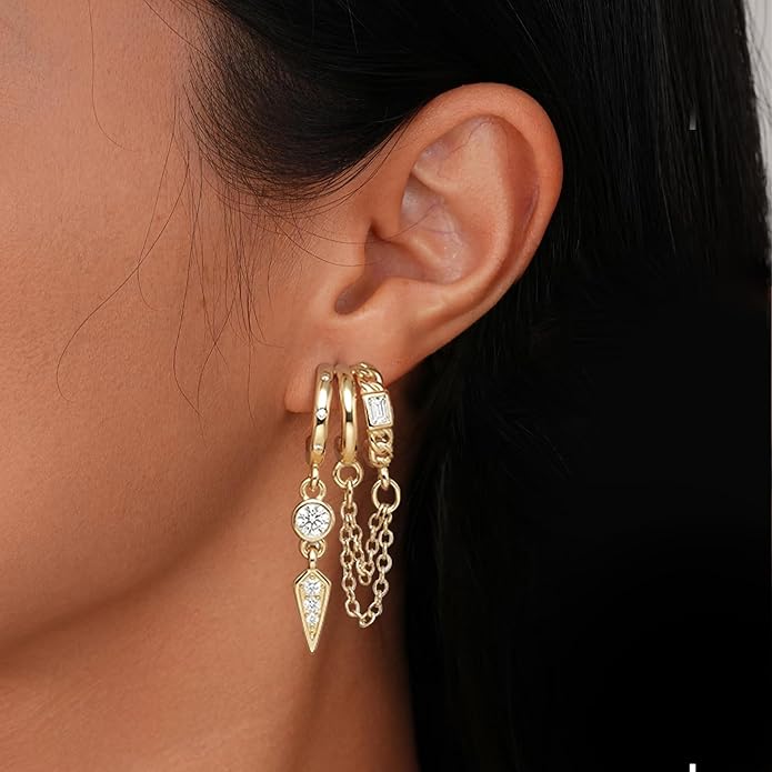 14K Gold Plated Hoop Earrings for Women Triple Huggie Illusion Stud Earring | Double Huggie Hoop Earrings for One Hole | Claw Ear Cuff Earring Jewelry Gift for Women
