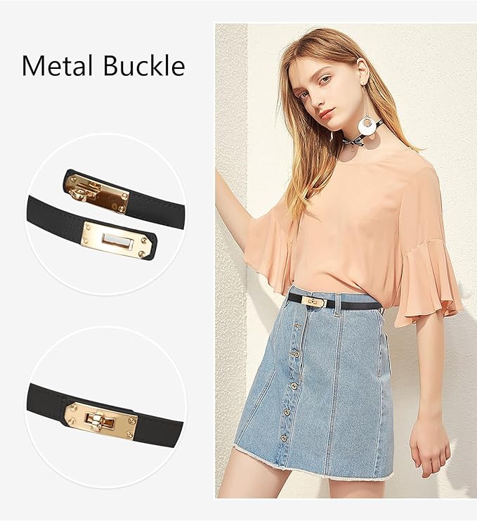 Women's Skinny Leather Belt with Adjustable Silver Turn-Lock Buckle - Ideal for Dresses, Jeans, and Coats, Black