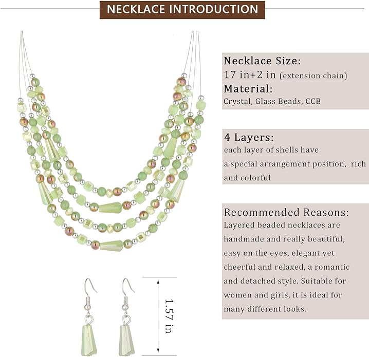 Layered Beaded Statement Necklace Multi Strand Crystal Beads Collar Necklace and Earring Sets for Women Fashion Costume Jewelry Set Gifts for Her