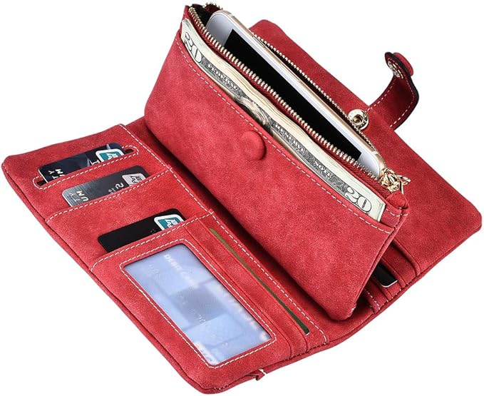 Women's Genuine Leather Bifold Clutch Wallet Large Capacity Card Organizer with Buckle Closure in Candy Colors (Red)