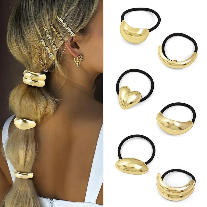 Gold Metal Hair Ties for Women - Cuffs, Accessories, Elastic Bands for Thick and Thin Hair Ponytails
