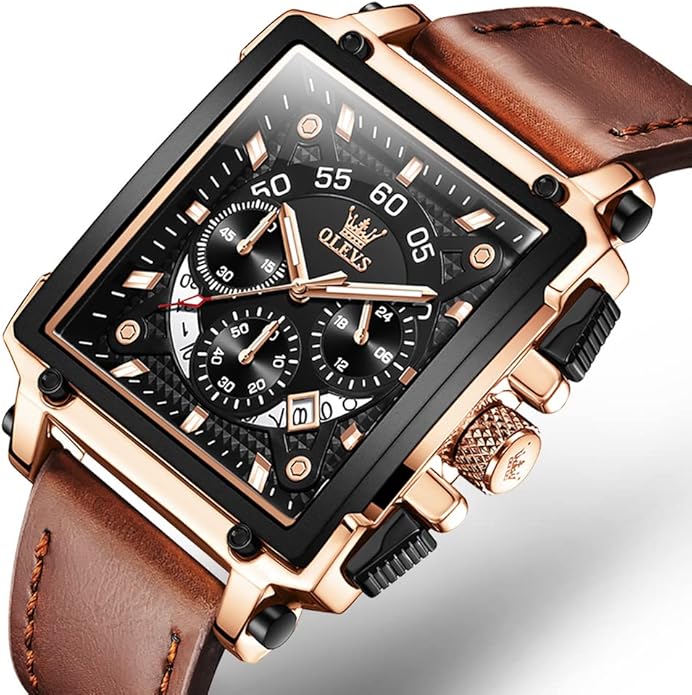 OLEVS Men's Casual Leather Watch, Big Face Chronograph Watch for Men, Fashion Easy to Read Dress Watch, Men's Waterproof Luminous Date Analog Watch, Gold/Black/White/Blue Dial